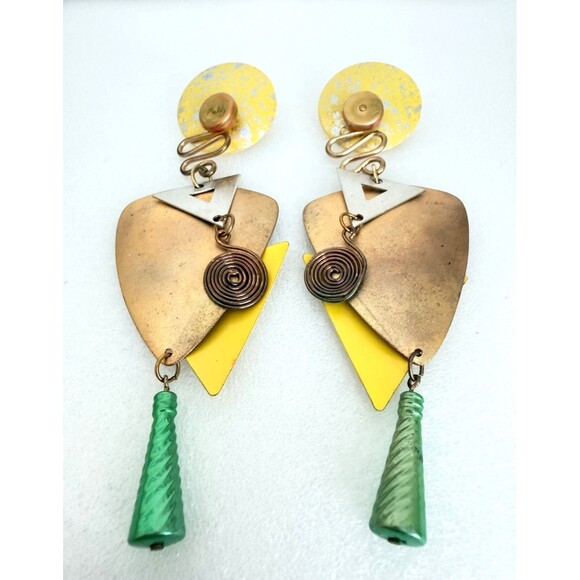 Memphis Jewelry - Vintage 1980s Memphis Style Geometric Mixed Metal Dangle Earrings 5 Inch Stateme